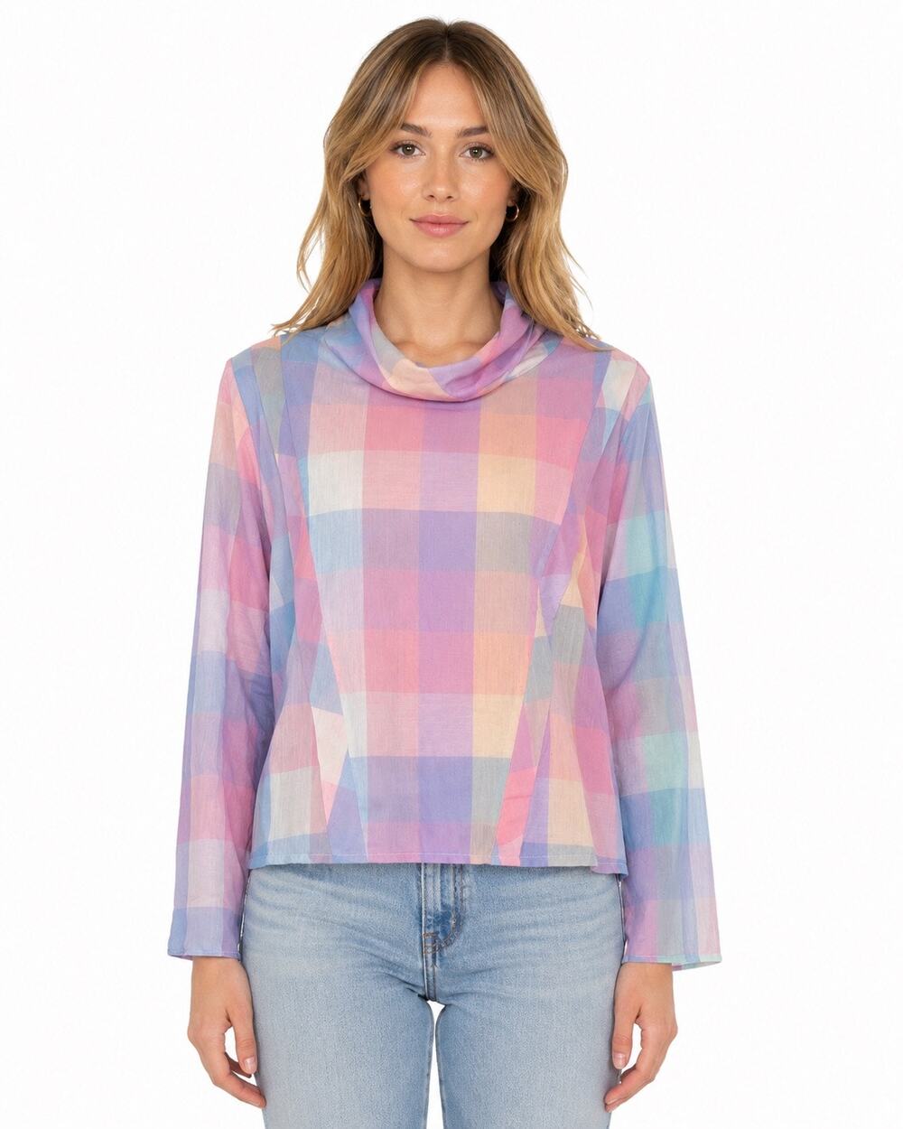 1990s Shirt Accent Pastel Plaid Semi Sheer Turtleneck Blouse Medium
